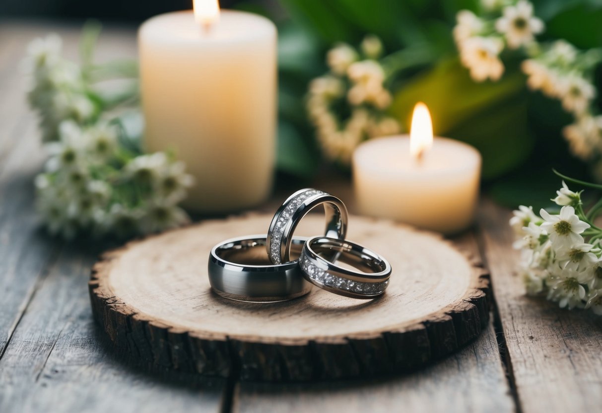 A pair of intertwined wedding rings placed on a rustic wooden table, surrounded by delicate white flowers and soft candlelight