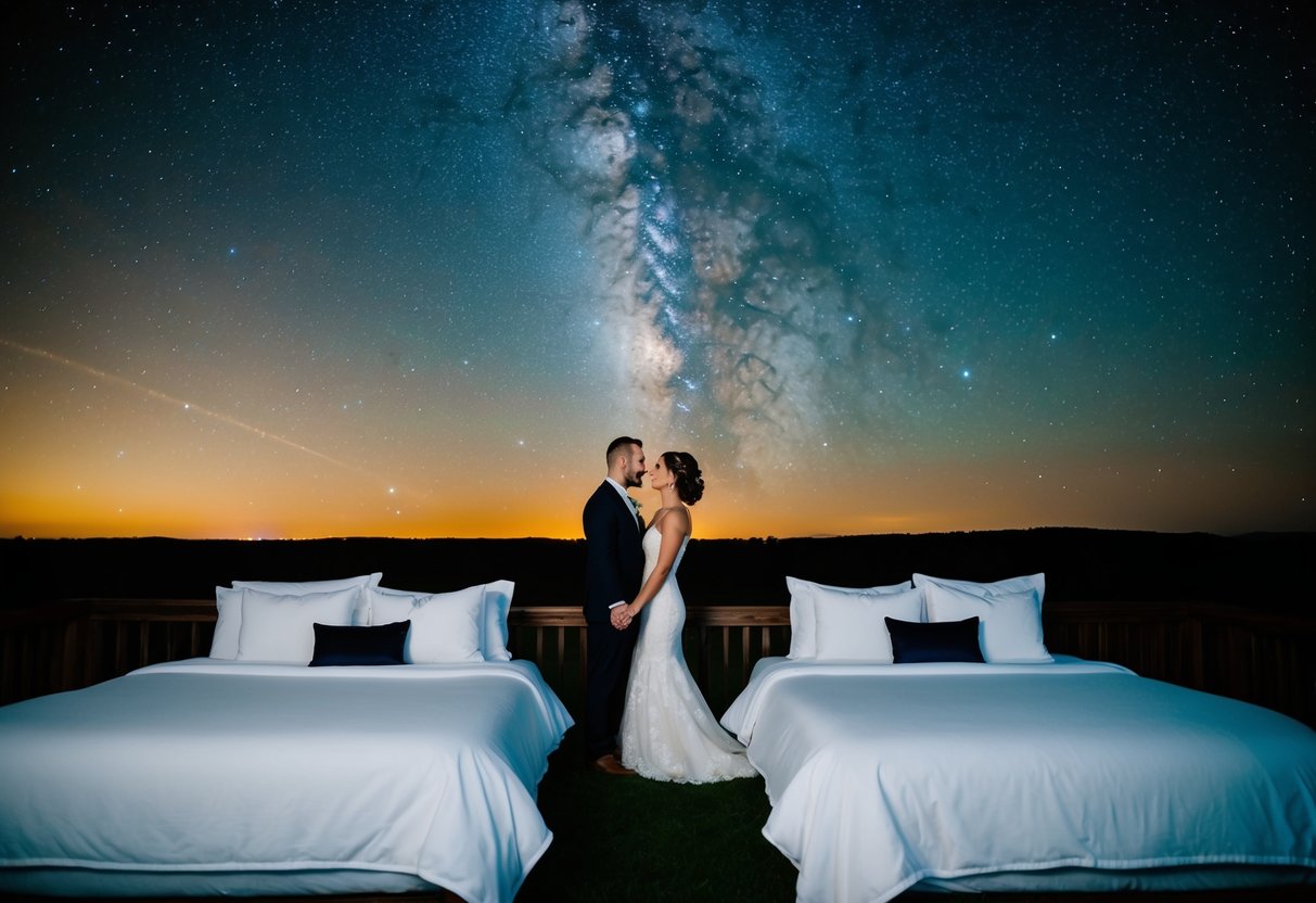 A bride and groom's separate beds under a starry night sky