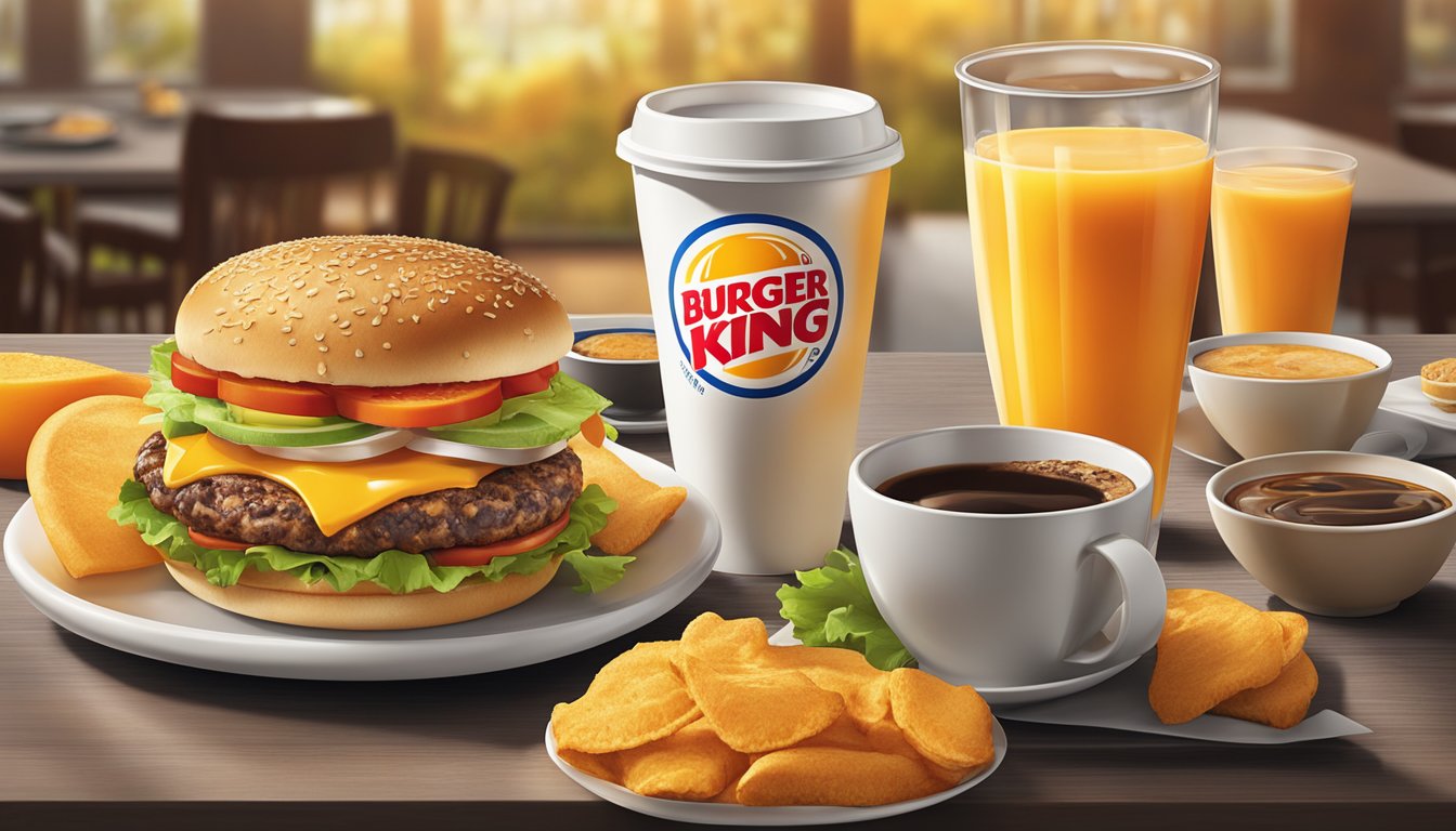 A table set with a variety of Burger King breakfast sandwiches, accompanied by a steaming cup of coffee and a fresh orange juice