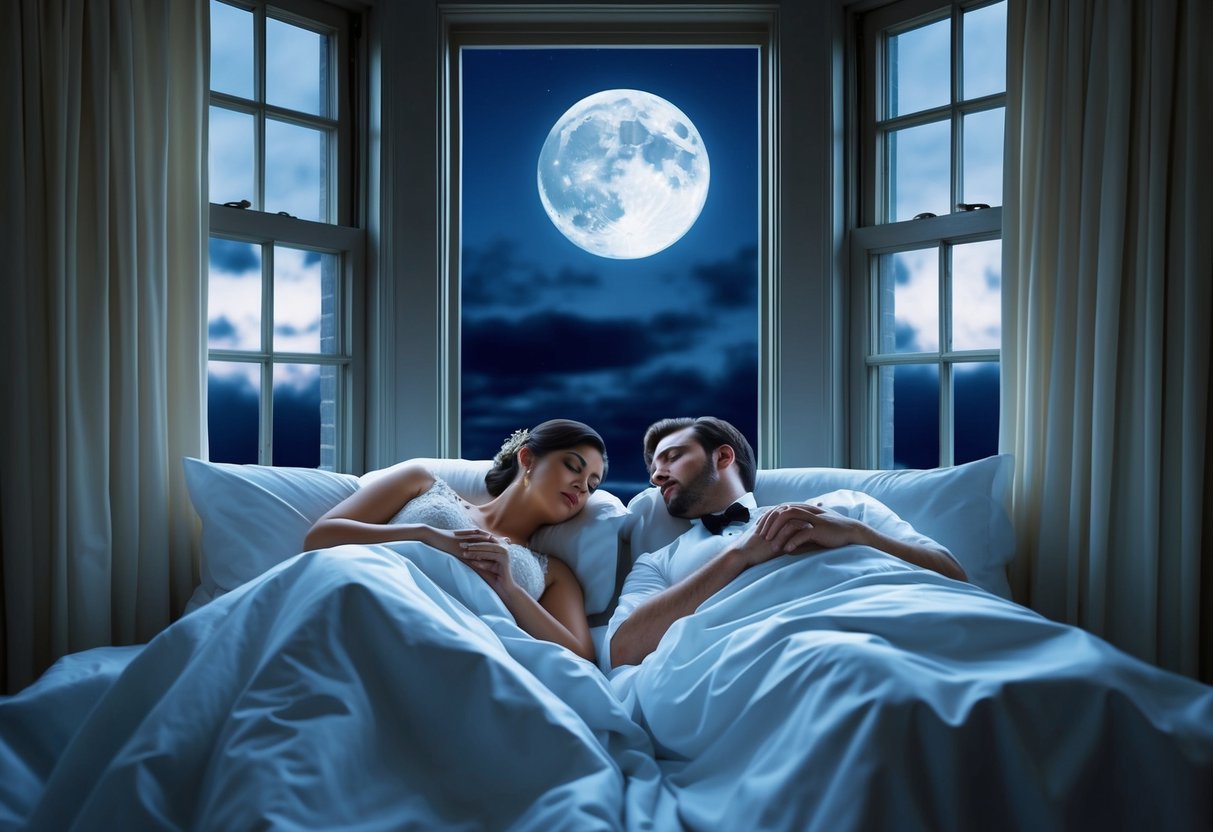 A bride and groom lie in separate beds, gazing at the moon through their windows, pondering the emotional and psychological implications of sleeping apart on the eve of their wedding