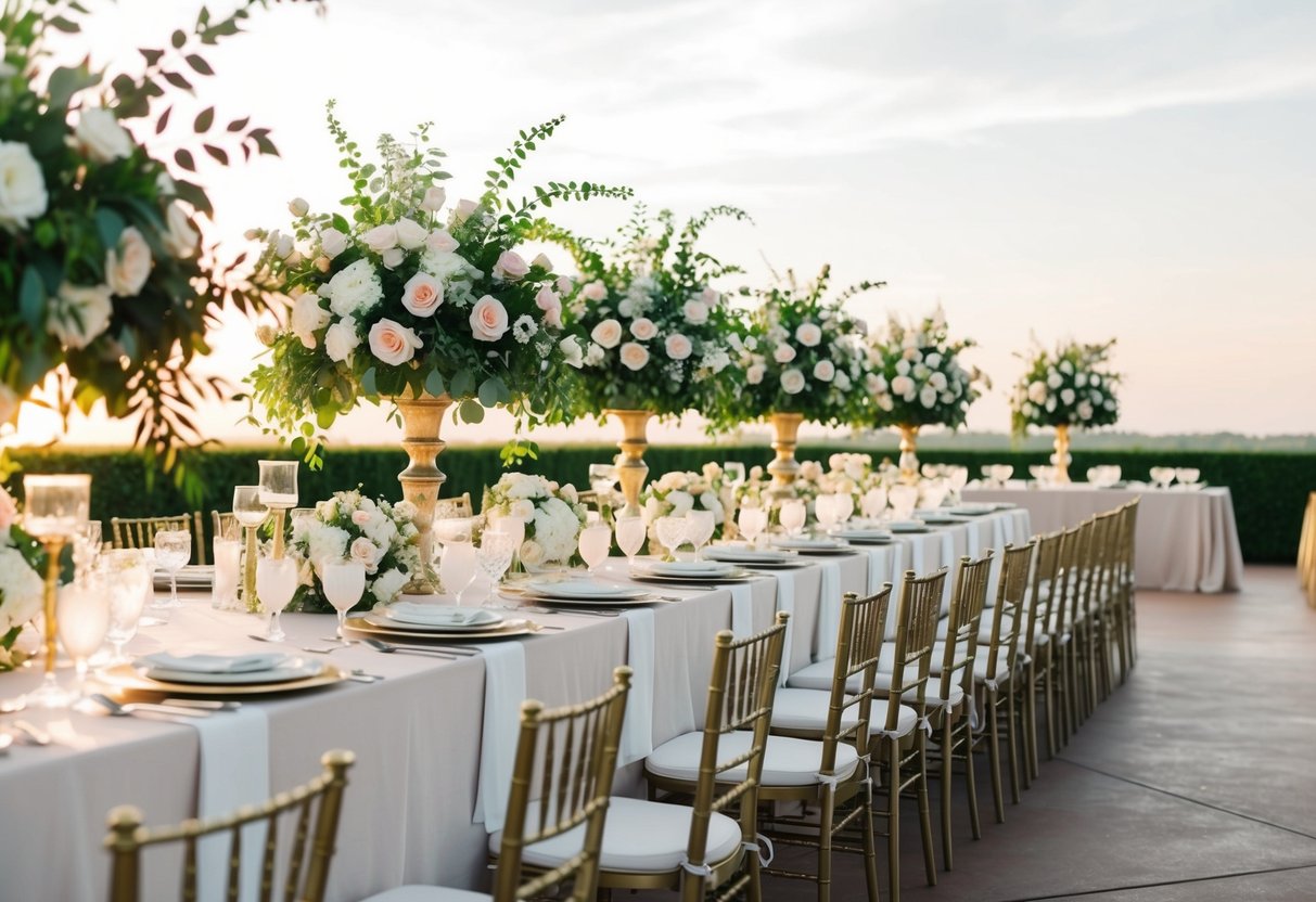 A long banquet table set with elegant place settings and surrounded by lush floral arrangements