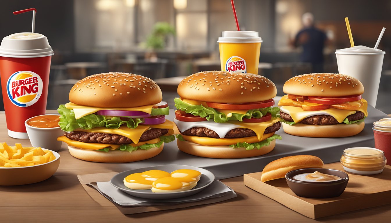 A table with a variety of Burger King breakfast sandwiches, accompanied by coffee and condiments