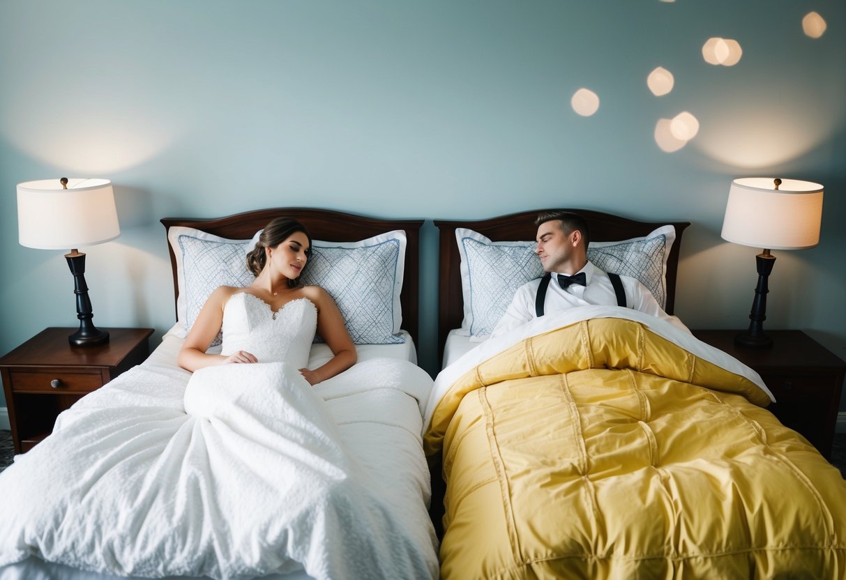 A bride and groom sleeping in separate beds, each with their own unique bedding and decor reflecting their personal style and preferences