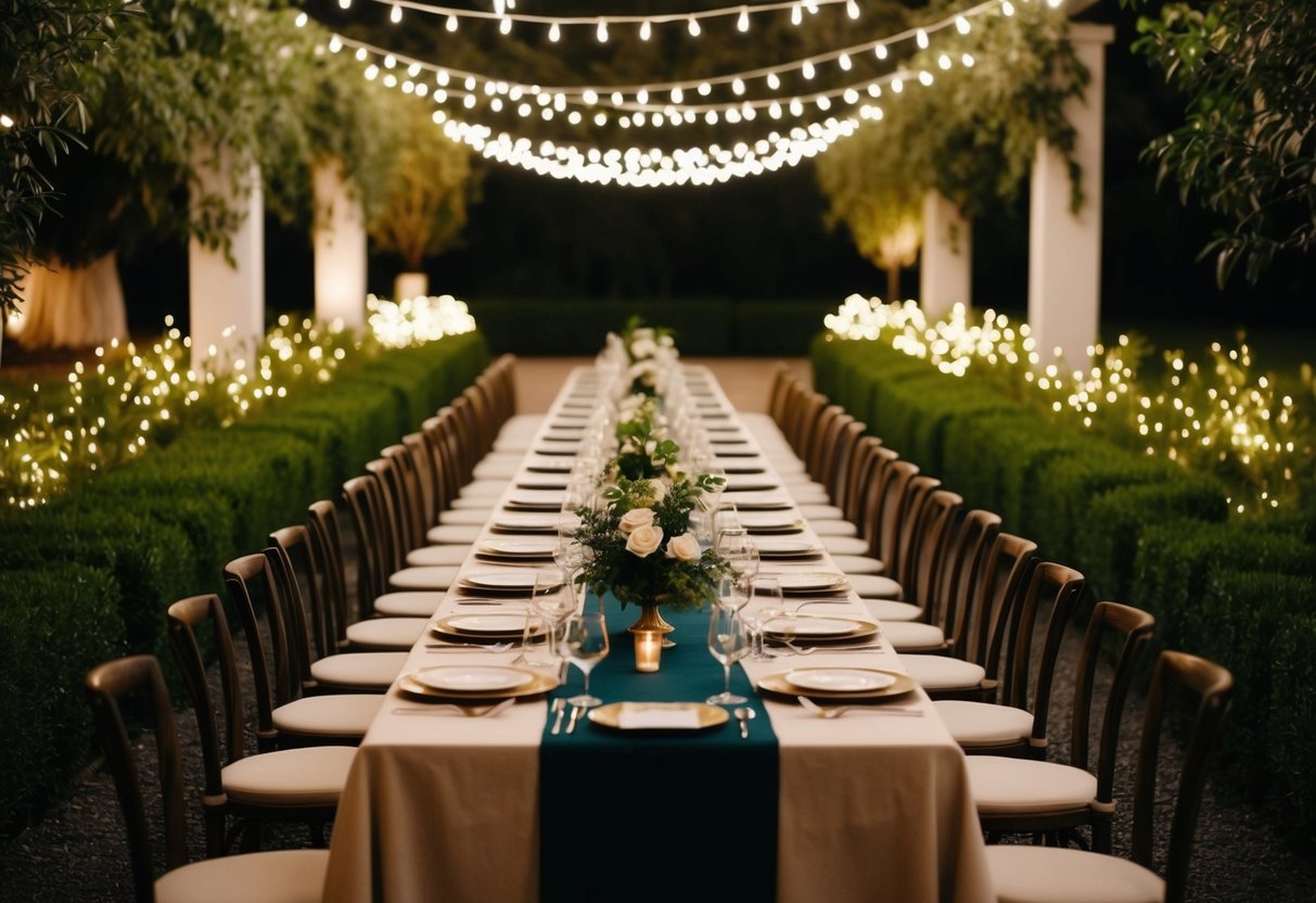 A long dining table set with elegant place settings, surrounded by lush greenery and twinkling lights, with a warm and inviting atmosphere