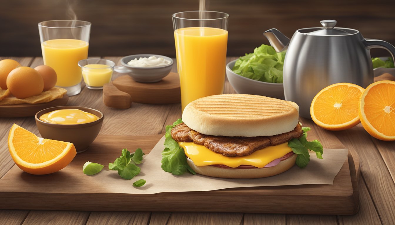 A sizzling Jimmy Dean breakfast sandwich surrounded by fresh ingredients and a glass of orange juice on a rustic wooden table