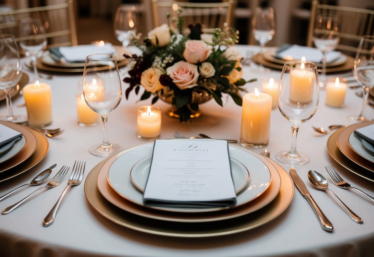 A table set with elegant place settings, surrounded by soft candlelight and floral centerpieces