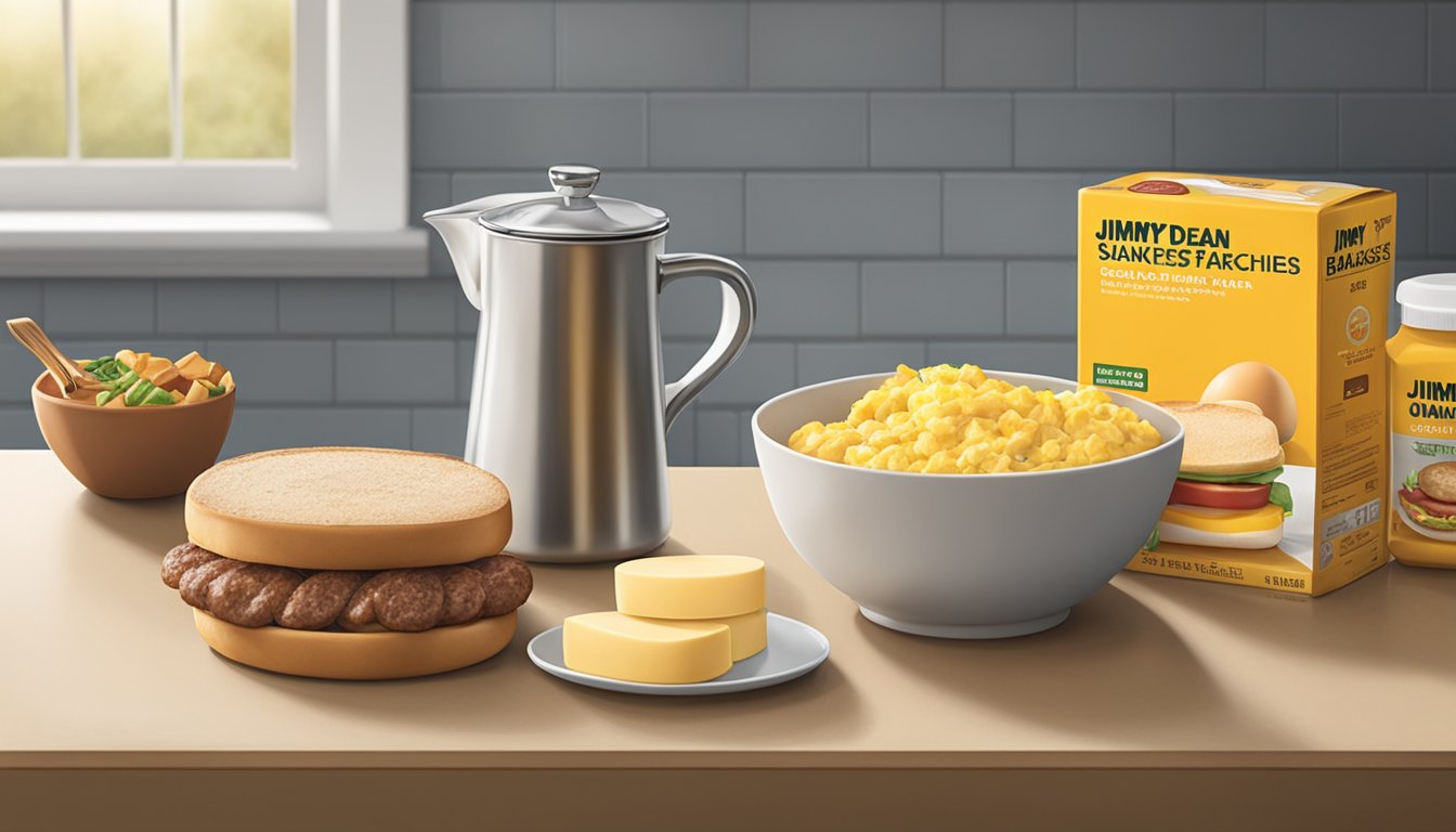 A kitchen counter holds a variety of ingredients: eggs, cheese, sausage, and English muffins. A package of Jimmy Dean breakfast sandwiches sits nearby