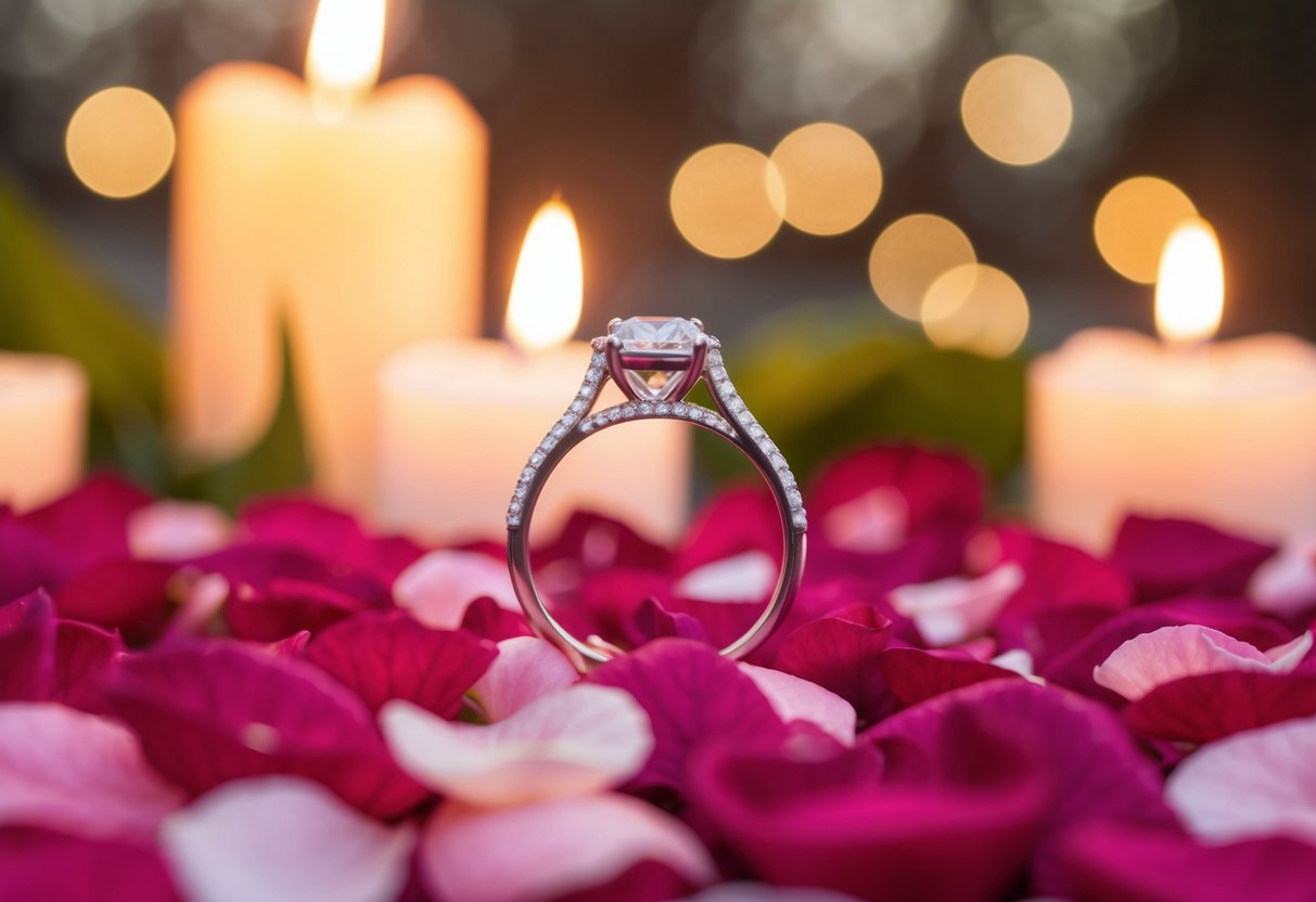 A wedding ring sitting on a bed of rose petals surrounded by soft candlelight