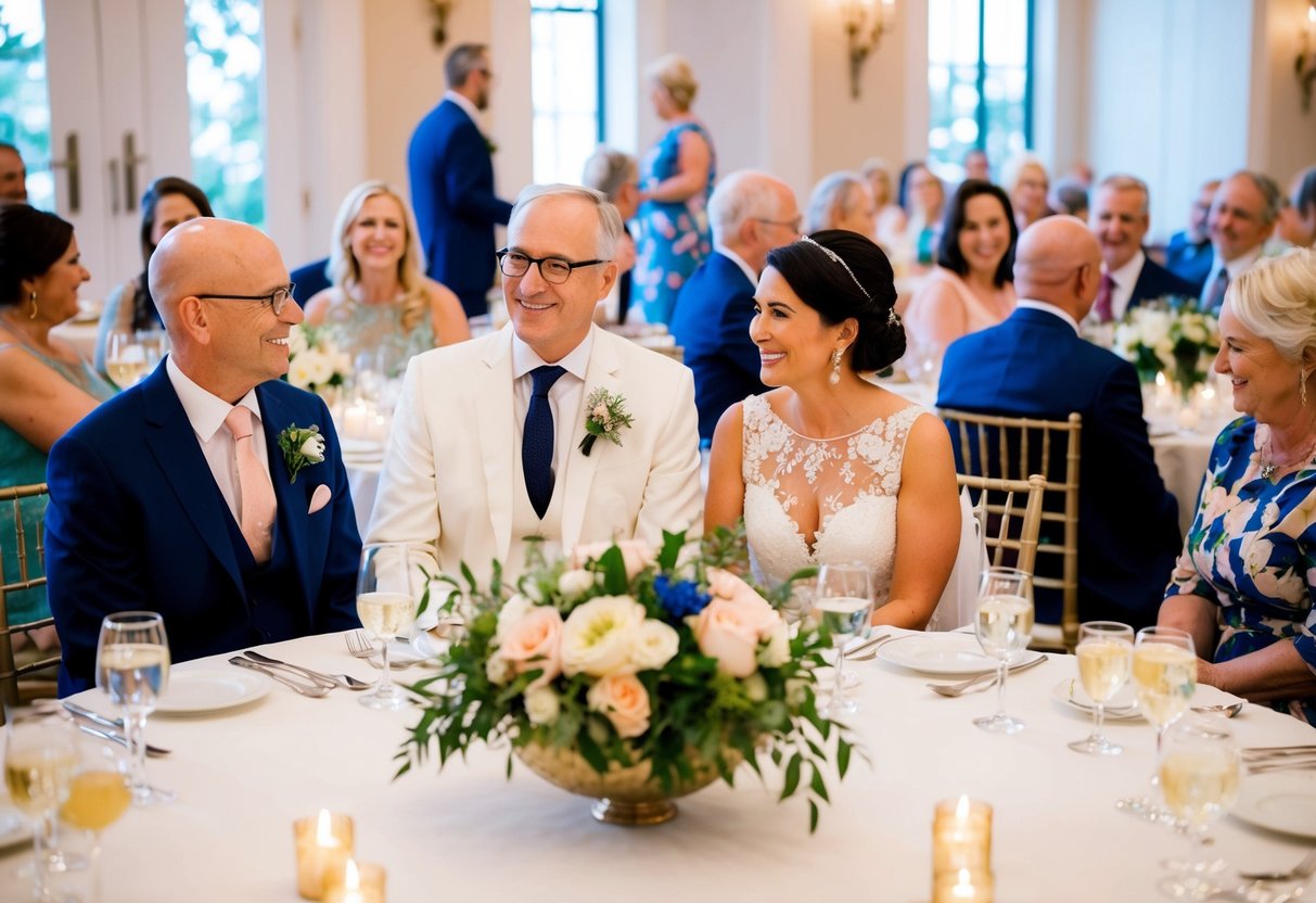 The parents sit at a round table near the front, adorned with floral centerpieces and elegant place settings. They are surrounded by family and friends, enjoying the celebration