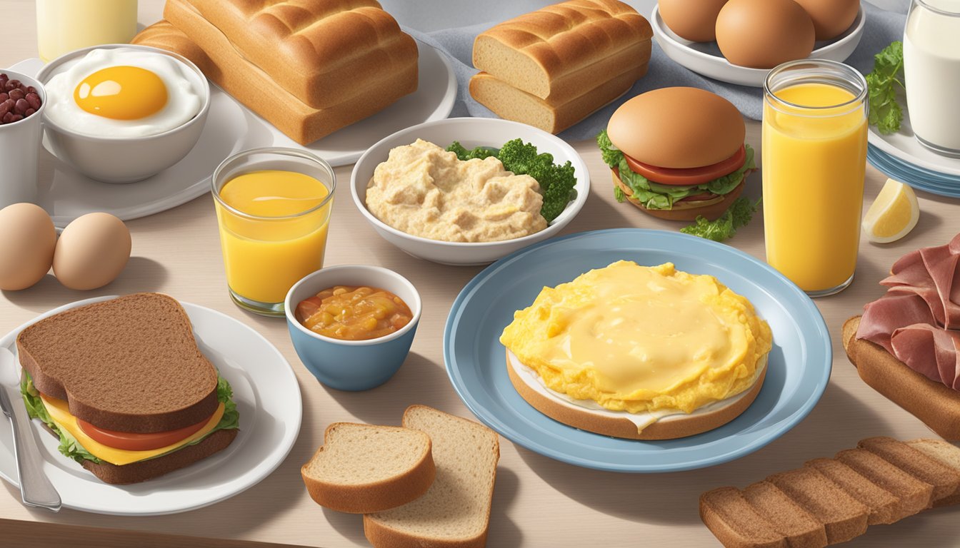 A breakfast table with a variety of ingredients spread out, including different types of bread, eggs, vegetables, and meat, with a package of Jimmy Dean breakfast sandwiches in the background