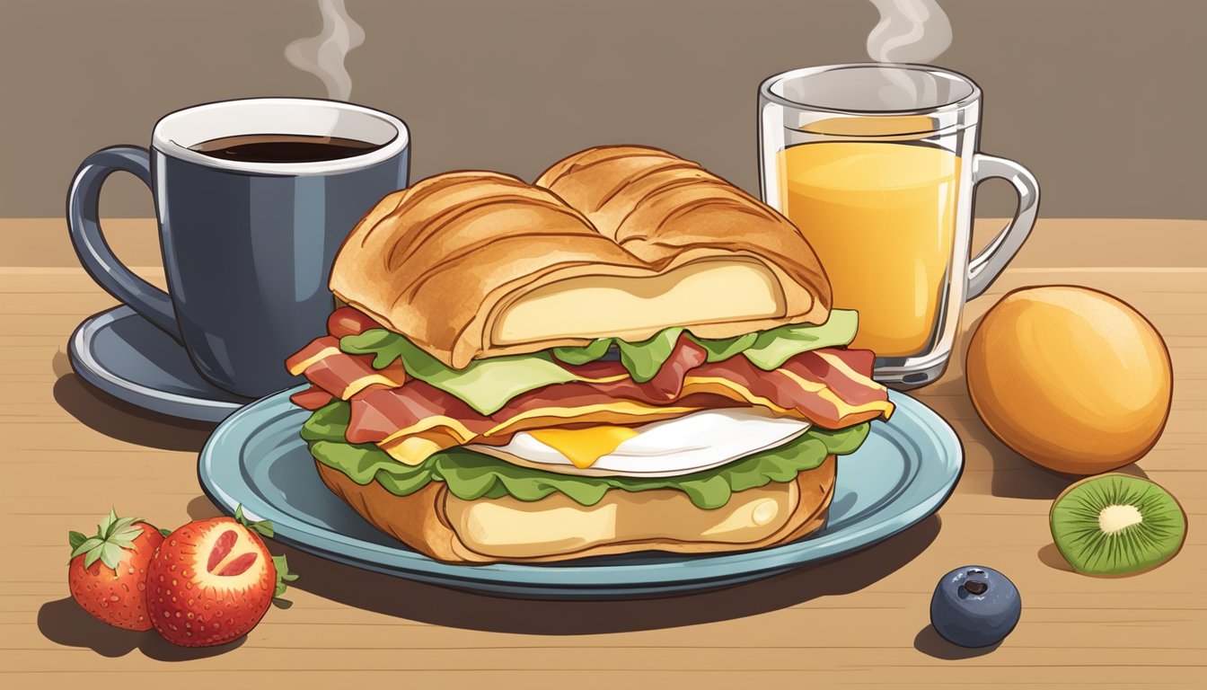 A croissonic breakfast sandwich with eggs, cheese, and bacon on a toasted croissant, served with a side of fresh fruit and a steaming cup of coffee