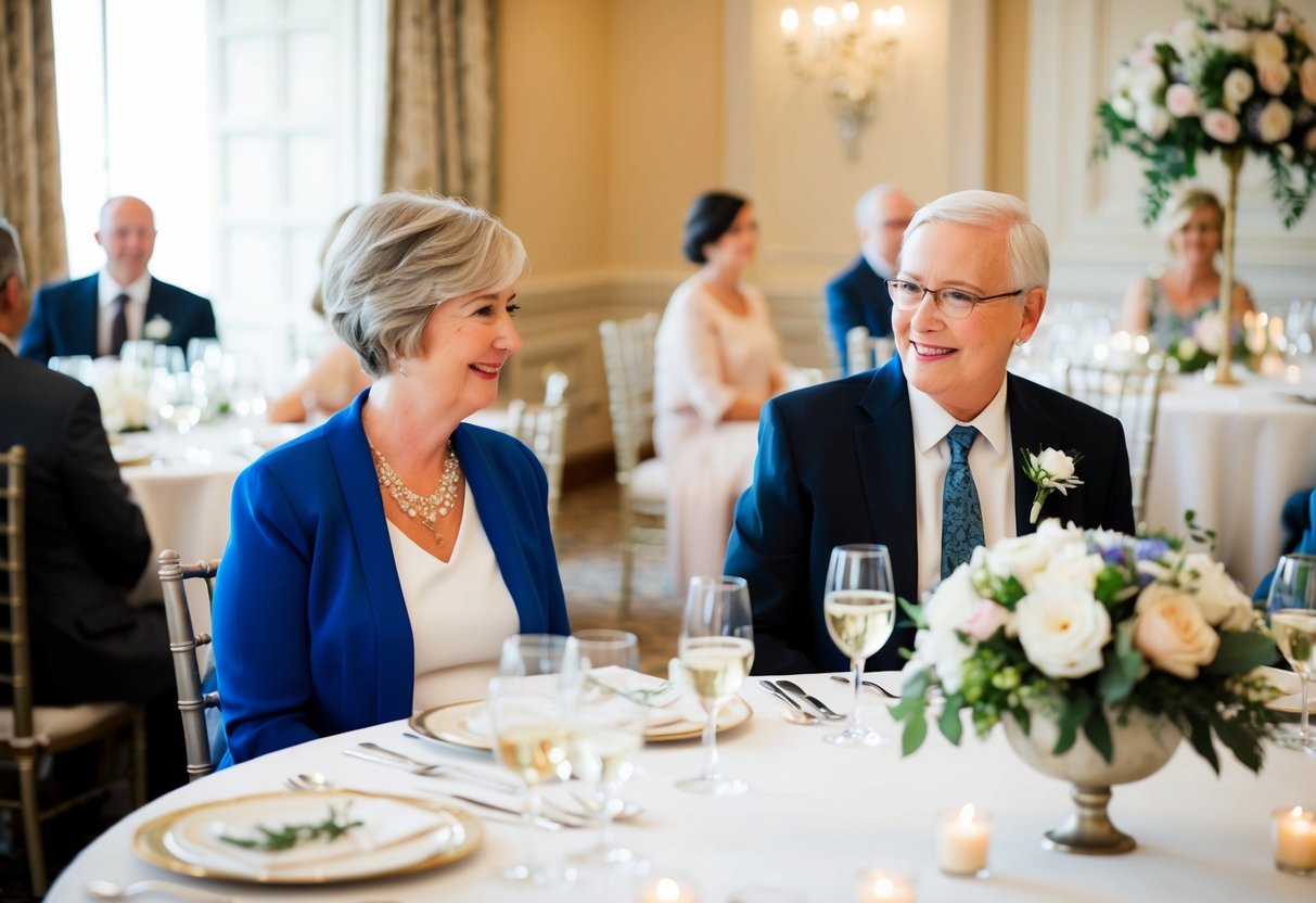 Parents seated at a round table near the head table, with elegant place settings and floral centerpieces