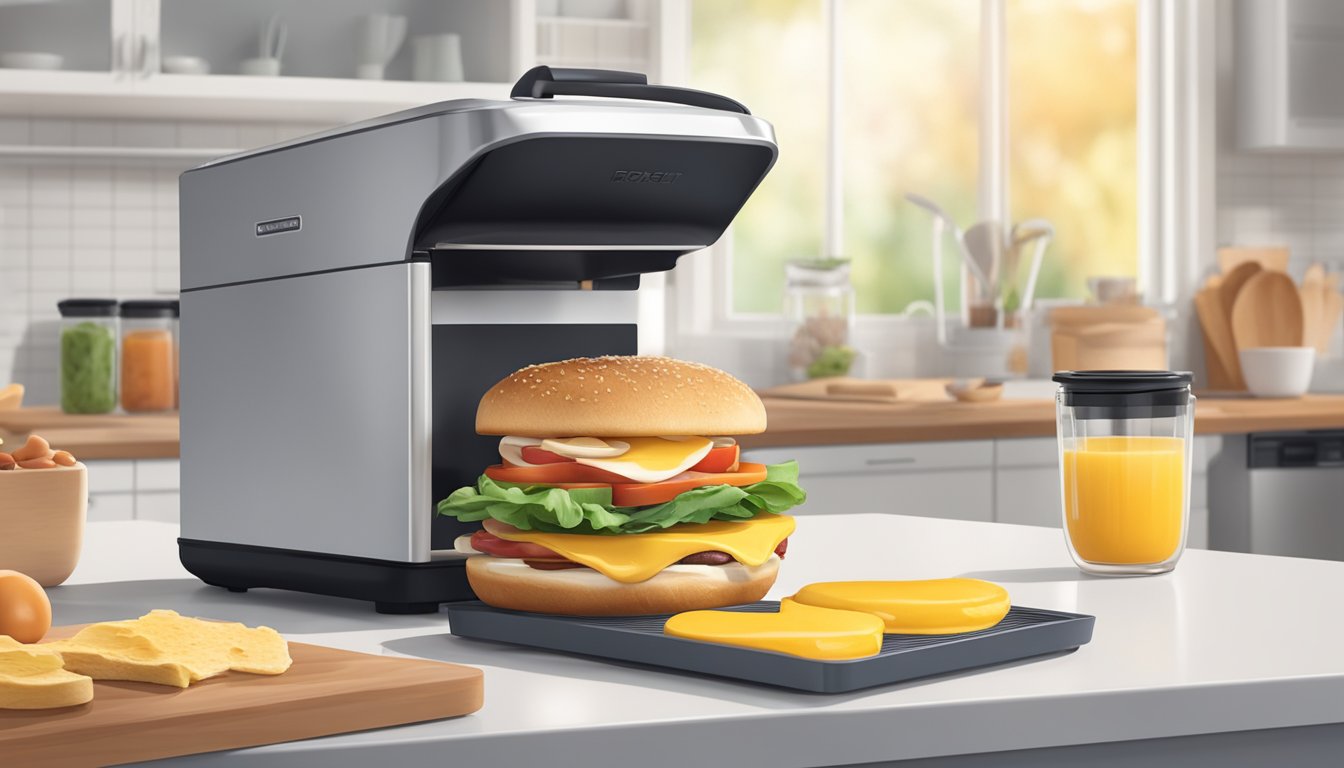 A hand reaching for a breakfast sandwich maker on a clean kitchen counter, with a stack of fresh ingredients nearby