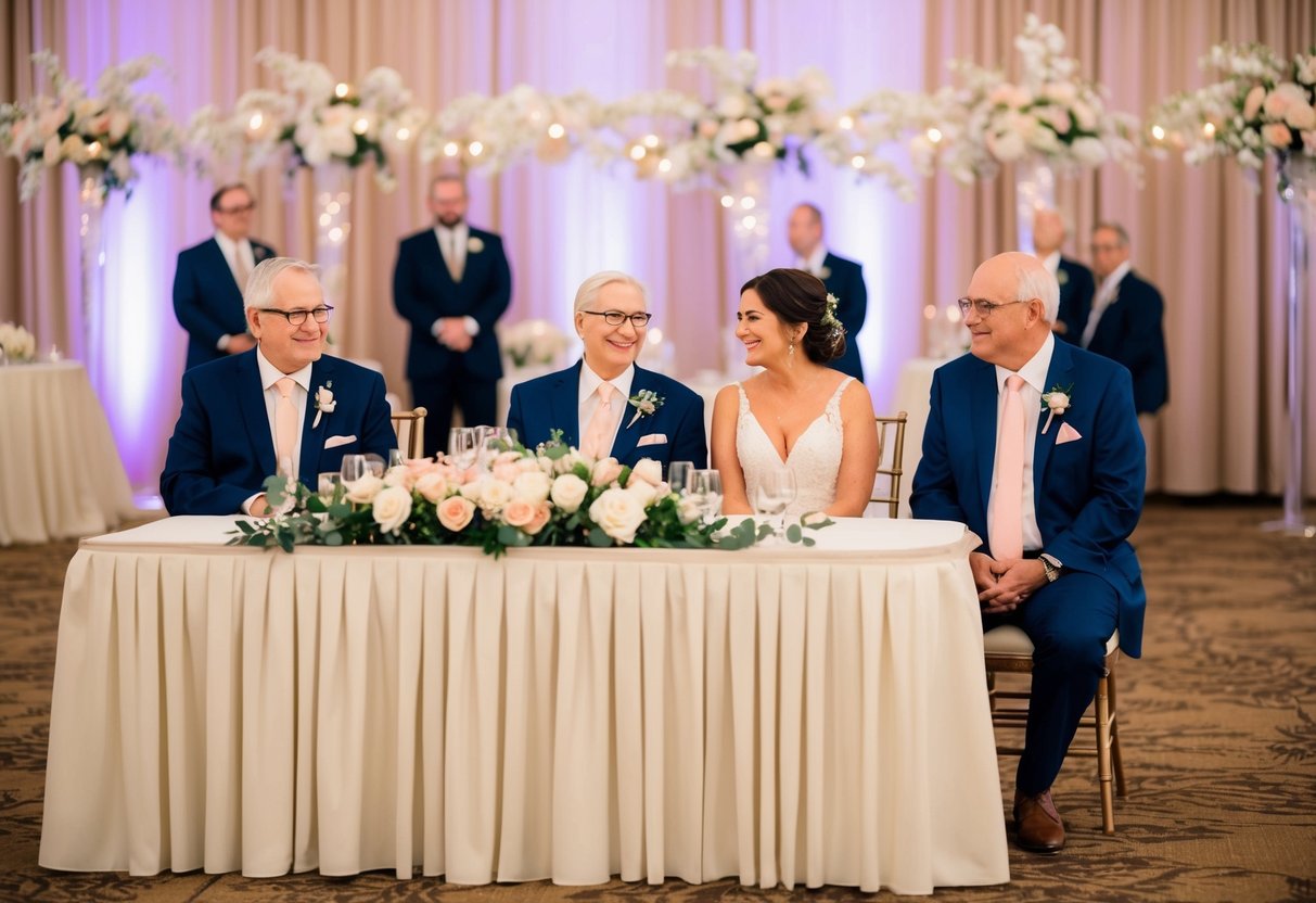 The parents sit at a designated table near the front of the reception venue, adorned with elegant decor and floral arrangements