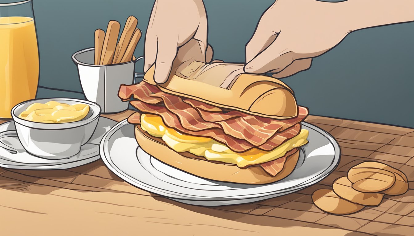 A croissonic breakfast sandwich being assembled with layers of egg, cheese, and bacon, ready to be toasted