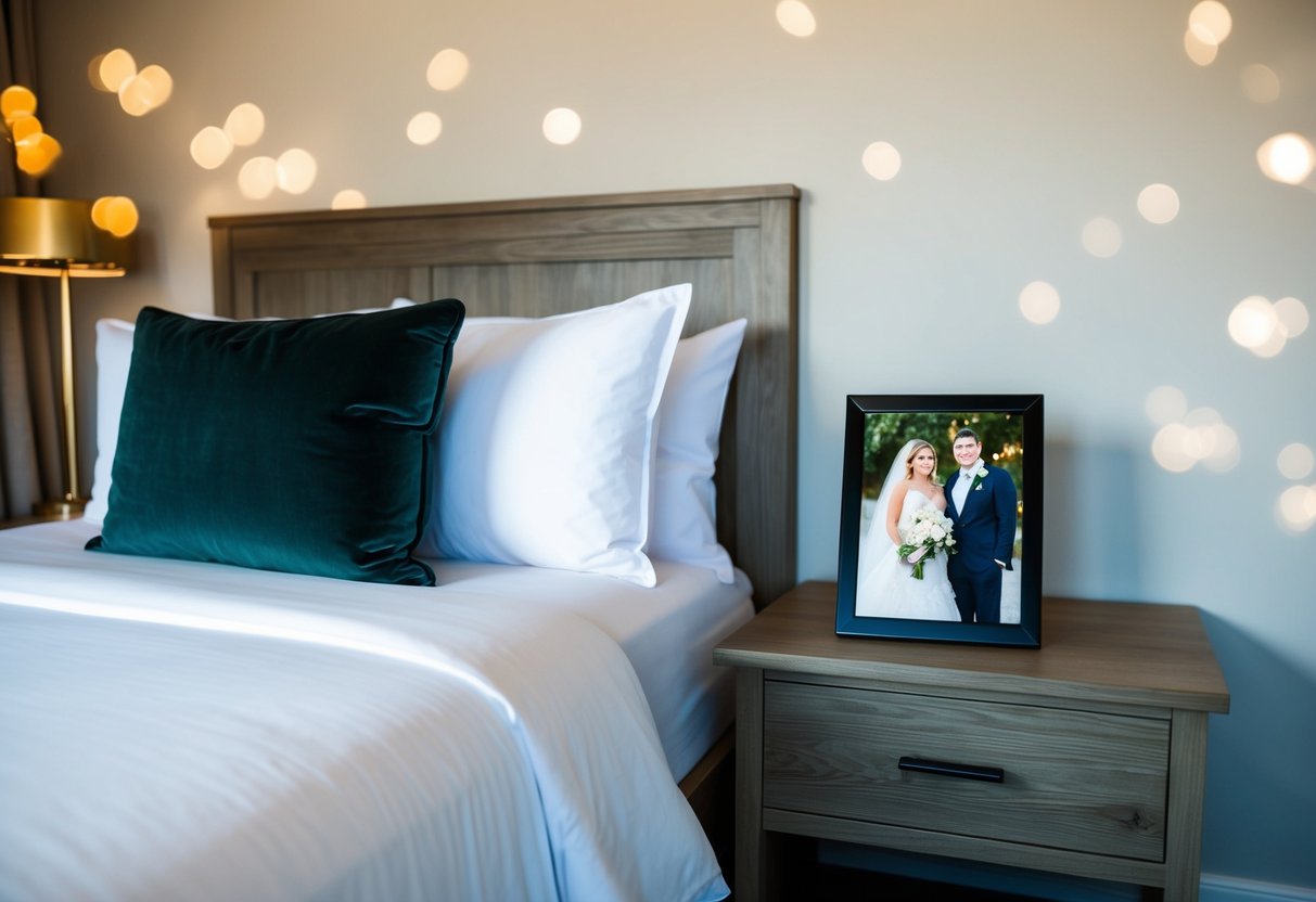 A cozy bedroom with a neatly made bed and a nightstand with a framed photo of the bride and her loved ones