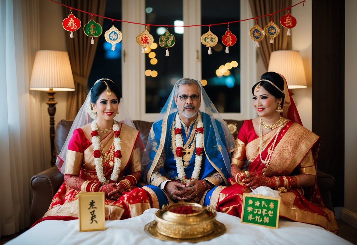 The bride stays with her family the night before the wedding, surrounded by traditional symbols of good luck and love