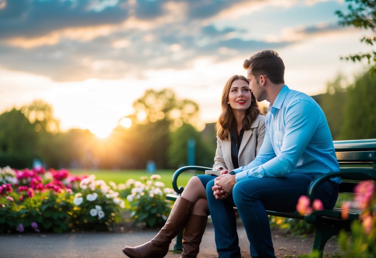 A young couple sitting on a park bench, deep in conversation, surrounded by blooming flowers and a setting sun