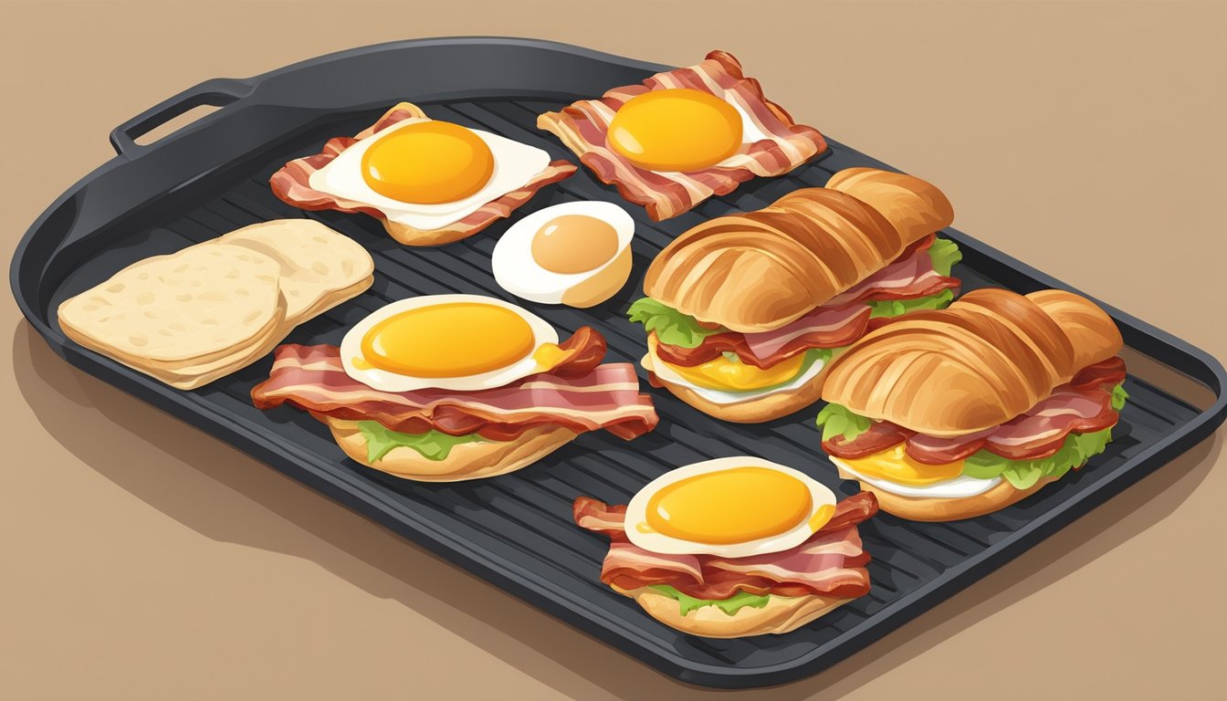 A croissant sandwich being assembled with bacon, egg, and cheese on a griddle