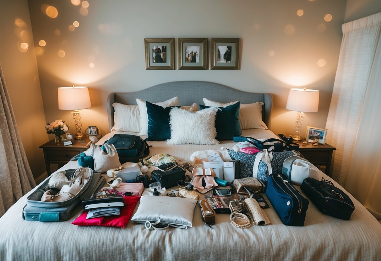 The bride's belongings laid out on a cozy bed, surrounded by her favorite things and a sense of anticipation for the big day