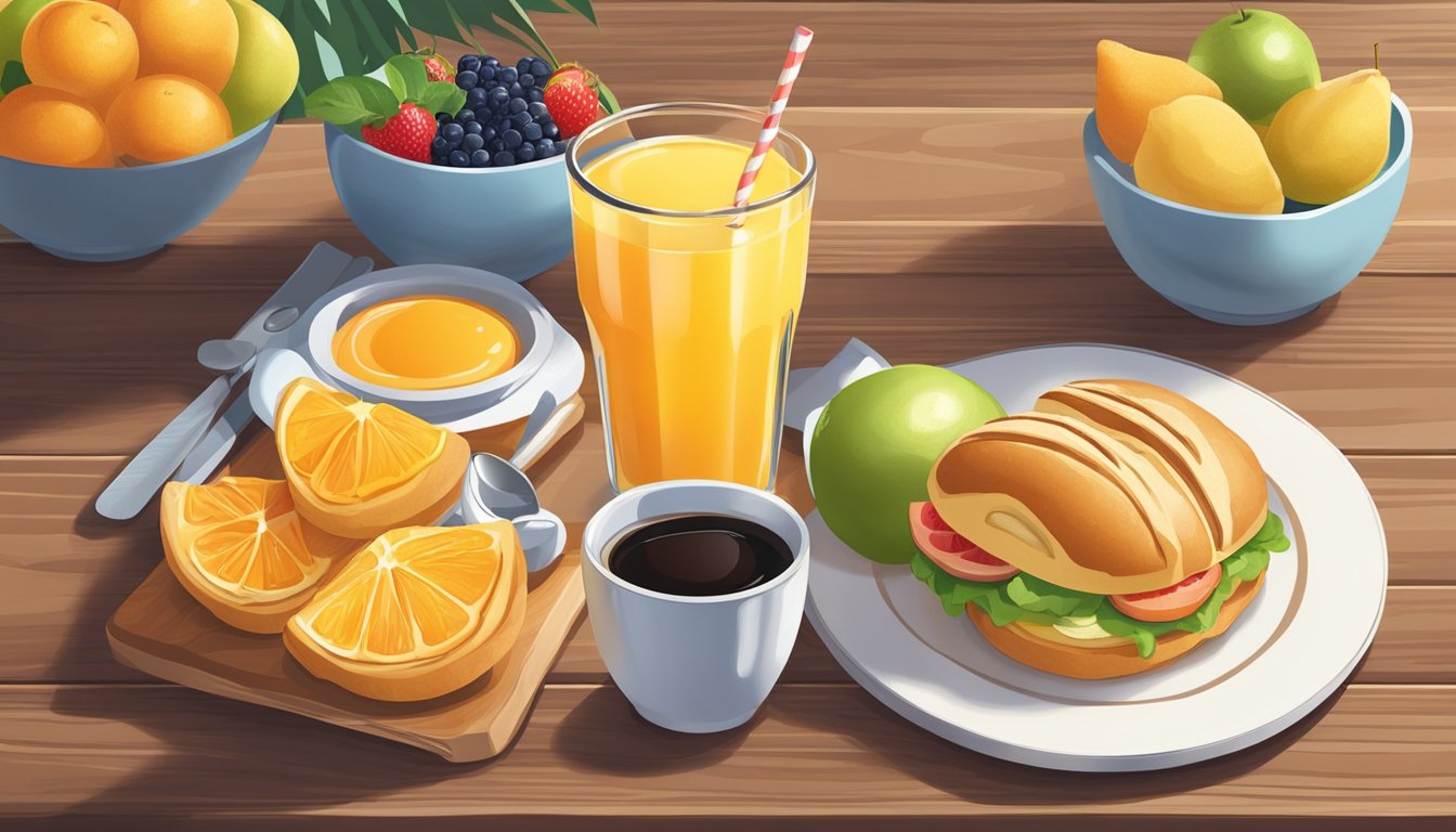 A croissonic breakfast sandwich surrounded by fresh fruits and a glass of orange juice on a wooden table