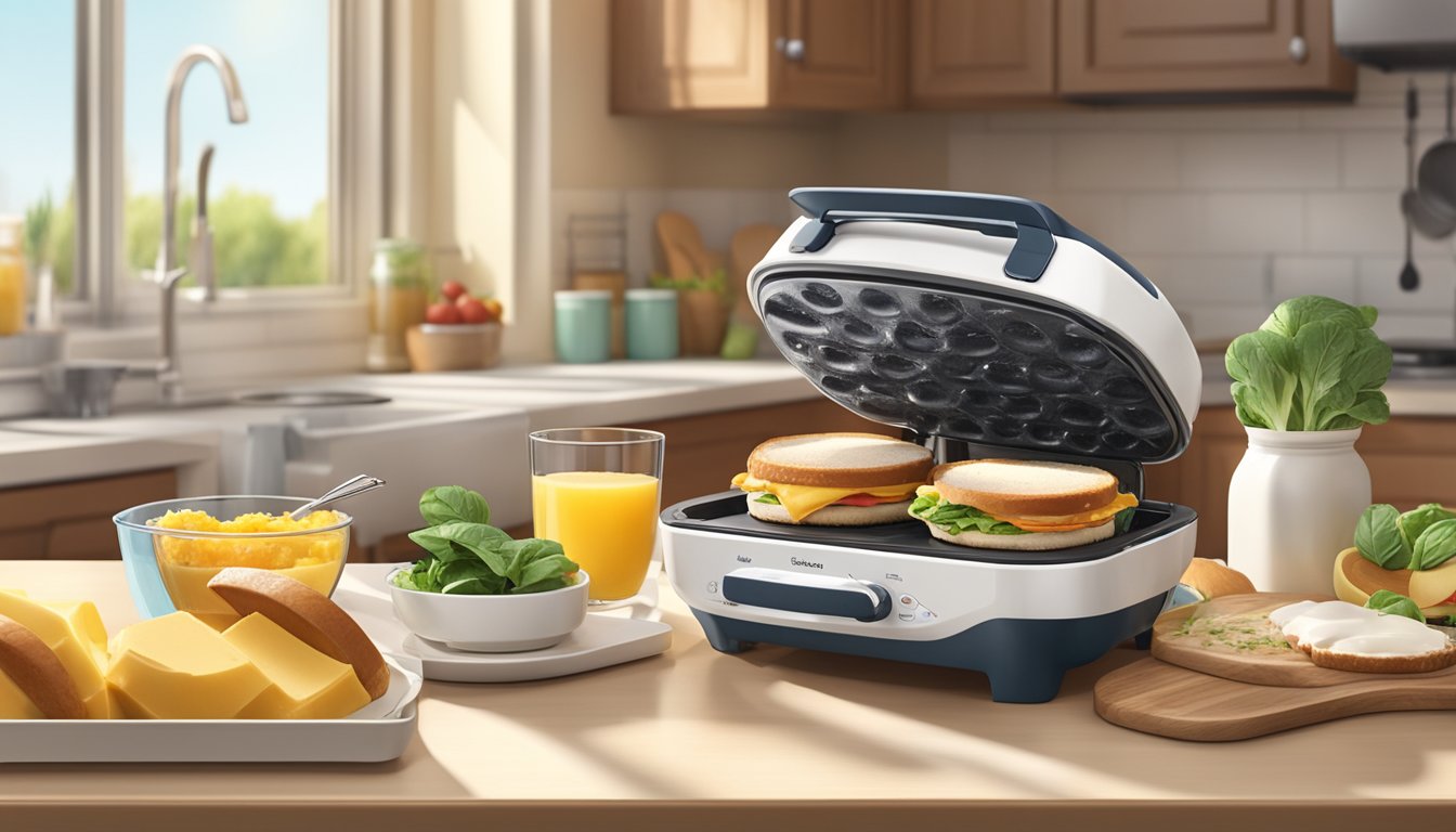 A compact breakfast sandwich maker sits on a kitchen counter, surrounded by a variety of ingredients and utensils, with a window in the background showing a sunny outdoor scene