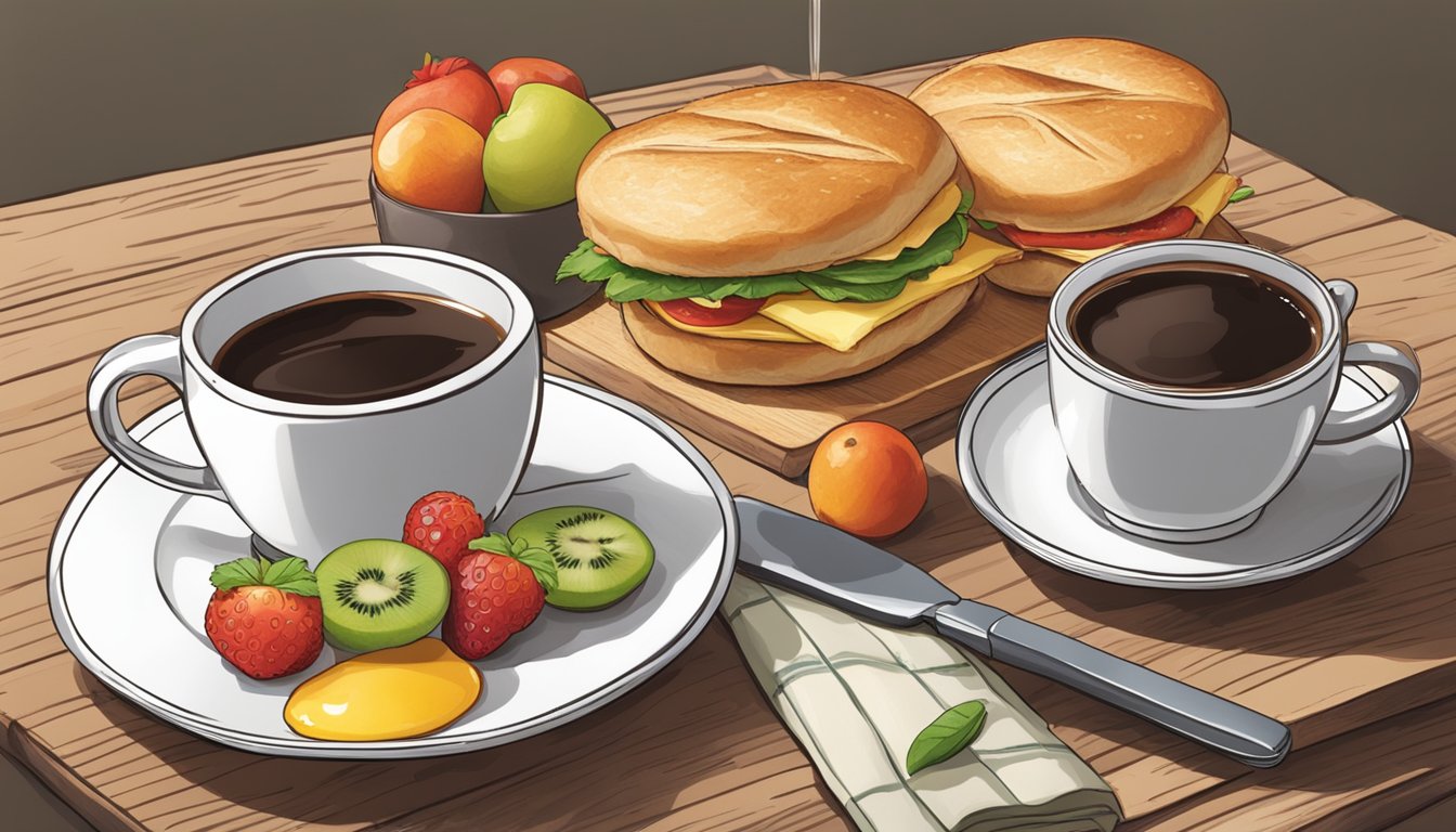 A croissonic breakfast sandwich being served with a side of fresh fruit and a hot cup of coffee on a wooden table