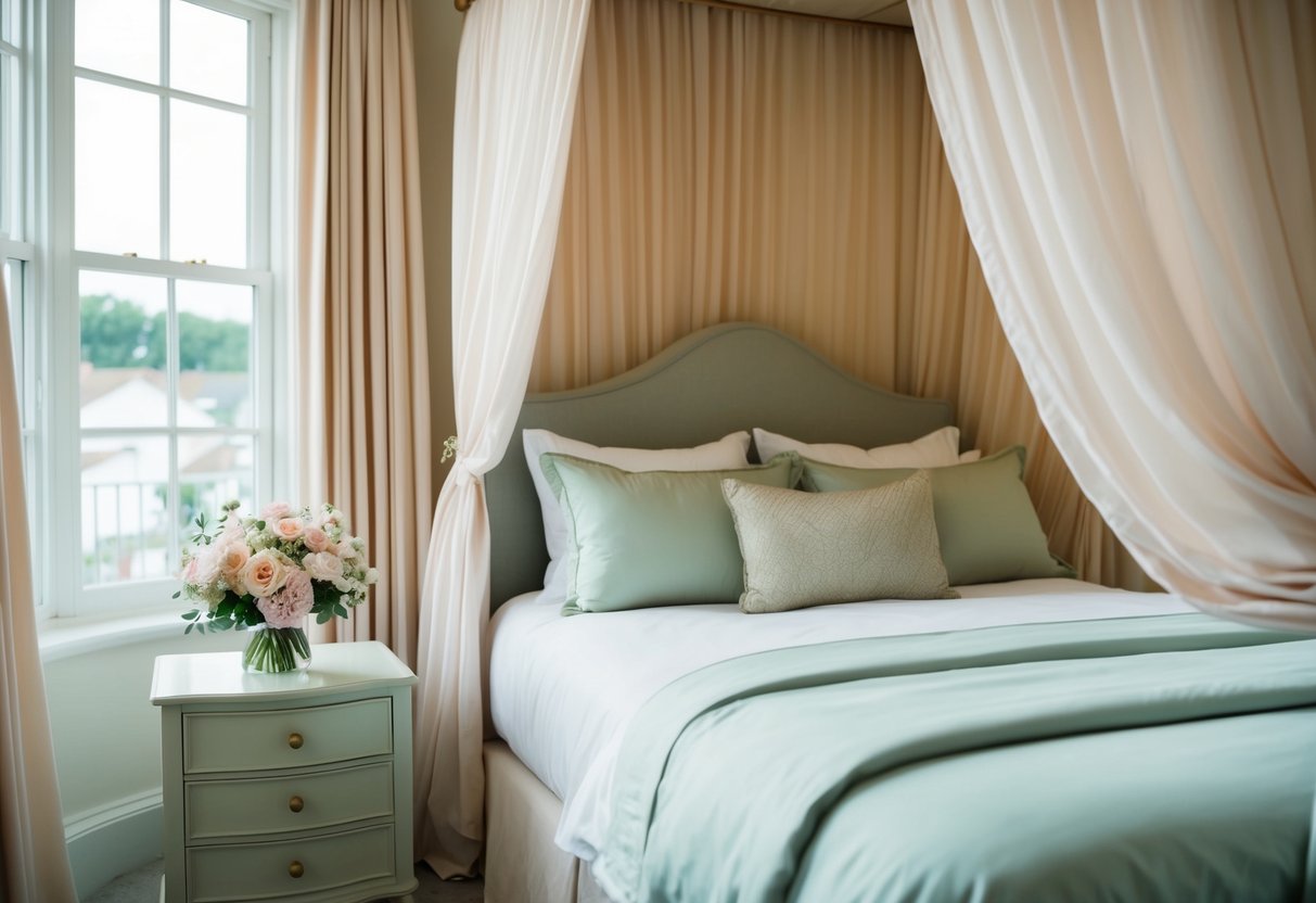 A cozy bedroom with a canopy bed and soft, pastel-colored bedding. A bouquet of flowers sits on the nightstand