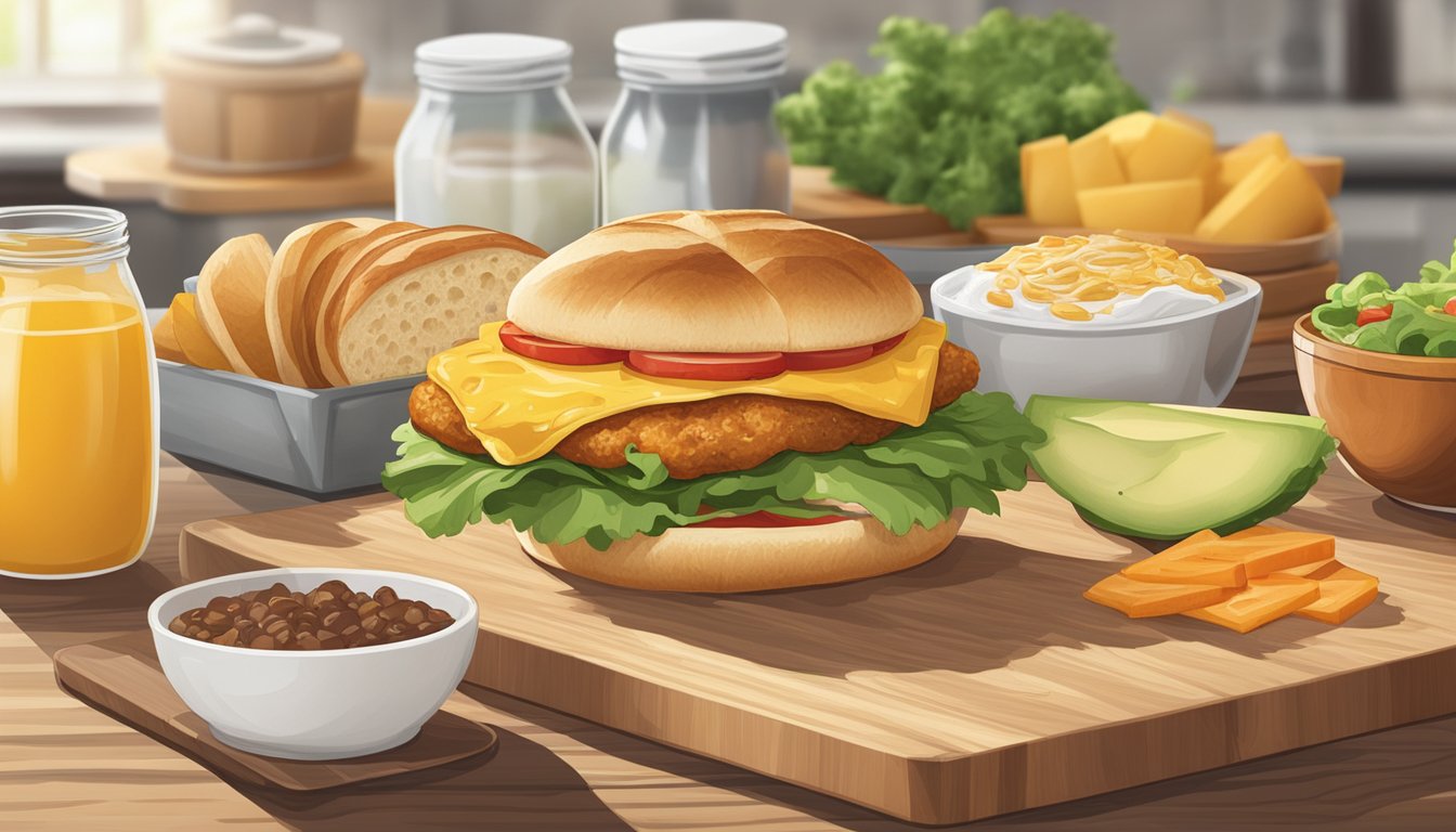 A croissonic breakfast sandwich sits on a wooden cutting board surrounded by fresh ingredients and storage containers