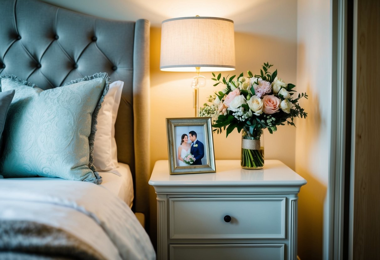 A cozy bedroom with a beautifully decorated bed and a nightstand holding a bouquet of flowers and a framed photo of the bride and groom