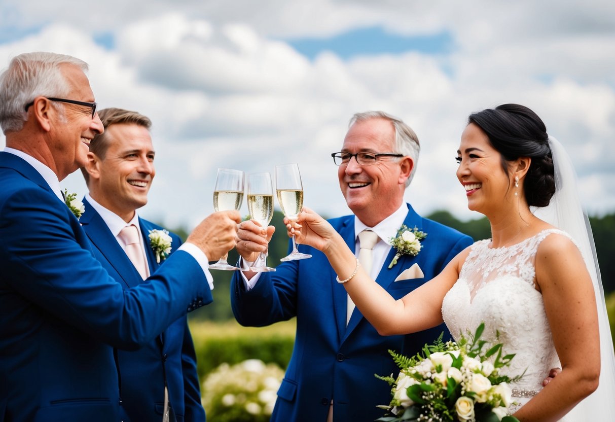 Parents raise their glasses in a toast, smiling proudly as they speak at their child's wedding. The bride and groom stand nearby, beaming with joy