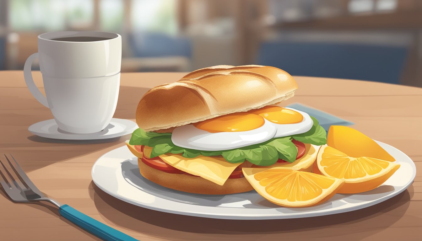 A croissonic breakfast sandwich being reheated and served on a plate with a side of fresh fruit