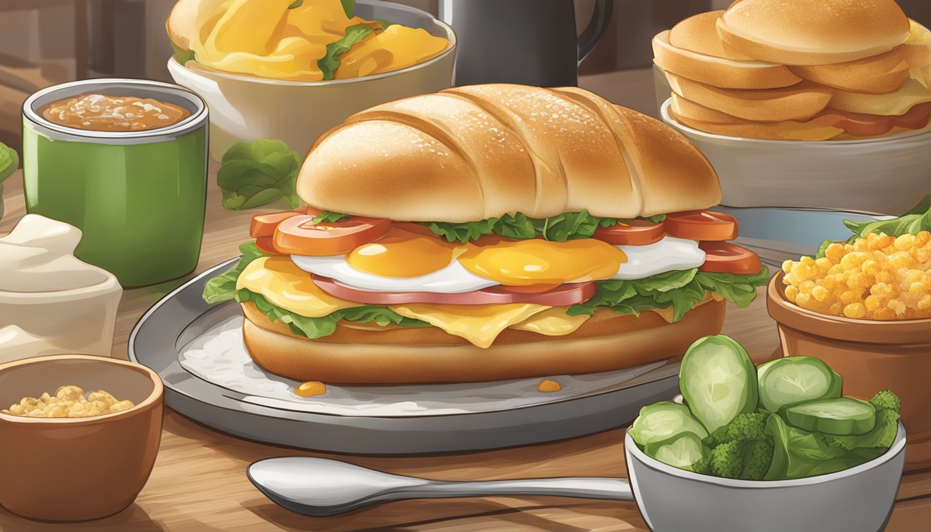 A croissonic breakfast sandwich being seasoned and flavored with various ingredients