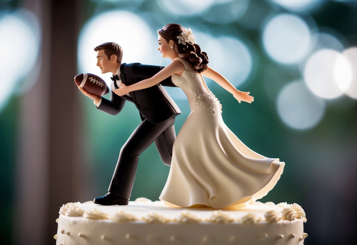 A cake topper of a bride dragging the groom away as he clings to a football