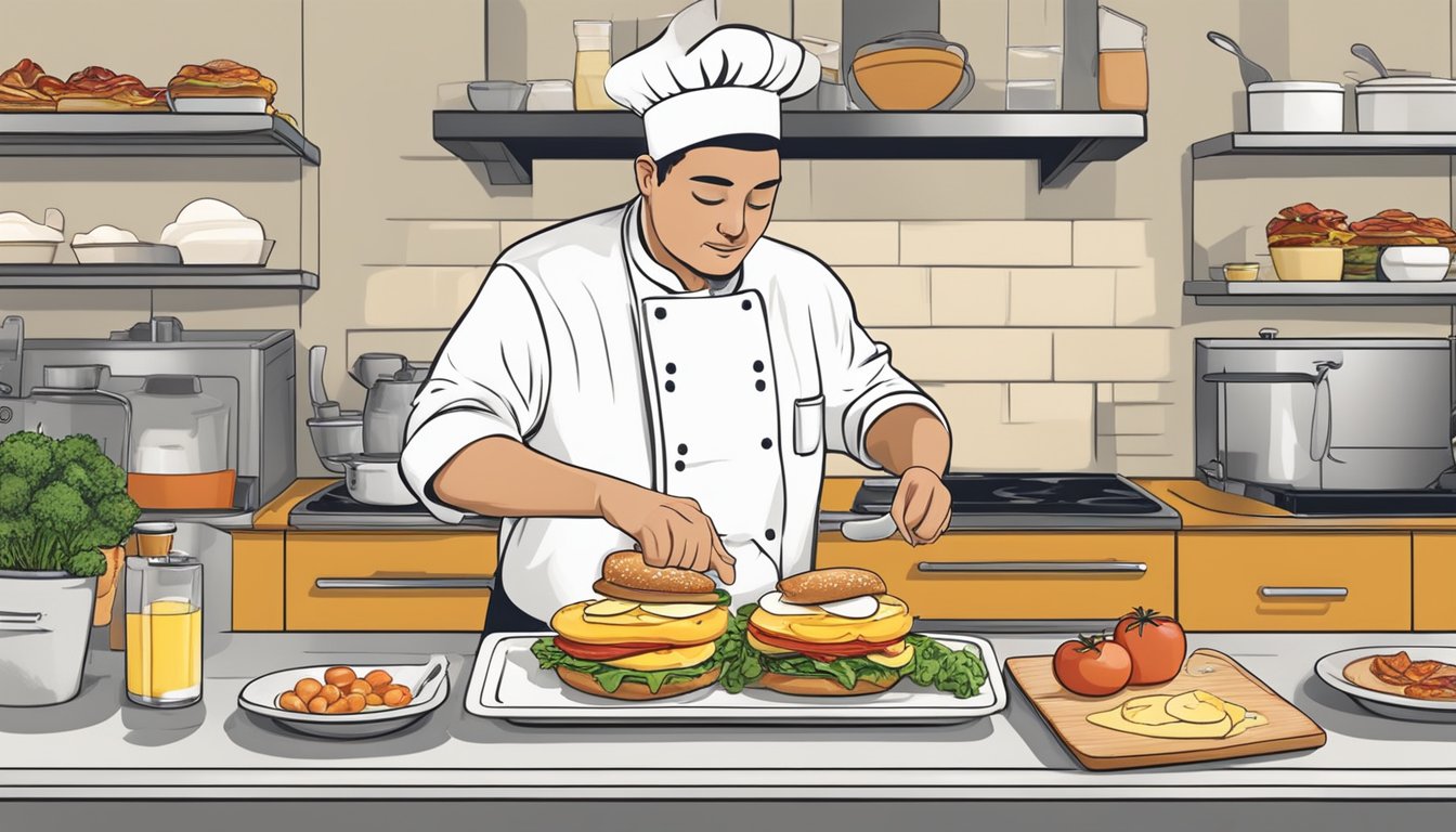 A chef assembling a breakfast sandwich with various ingredients like eggs, bacon, cheese, and vegetables on a toasted bun