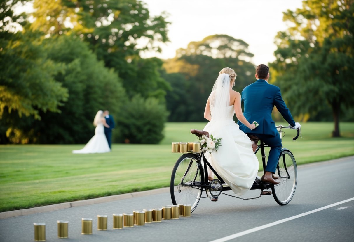A bride and groom riding a tandem bicycle with tin cans tied to the back, trailing behind them as they pedal away from their wedding ceremony