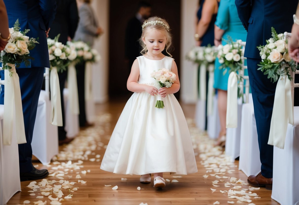 The flower girl enters the wedding ceremony first, scattering petals along the aisle