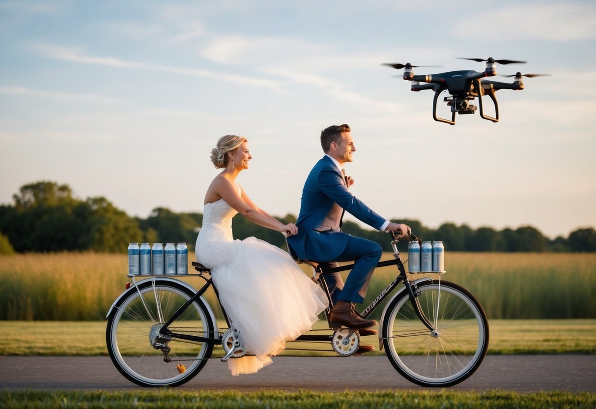 A bride and groom riding a tandem bicycle with cans tied to the back, while a drone flies overhead capturing the moment