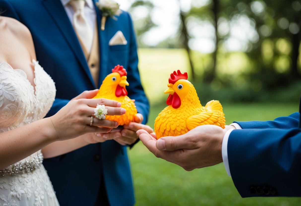 A bride and groom exchanging rings made of rubber chickens