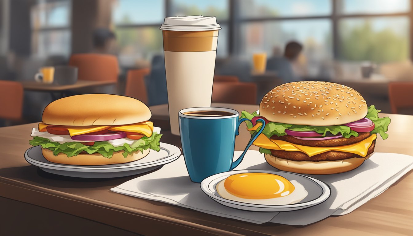 A breakfast sandwich sits next to a steaming cup of coffee on a table at Burger King