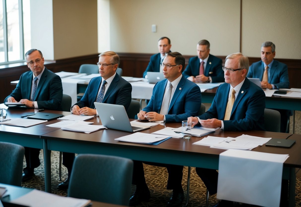 Un panel d'agents examinant des candidatures pour un contrat de service public. Tables et chaises disposées dans une salle de réunion, avec des documents et des ordinateurs portables éparpillés autour.