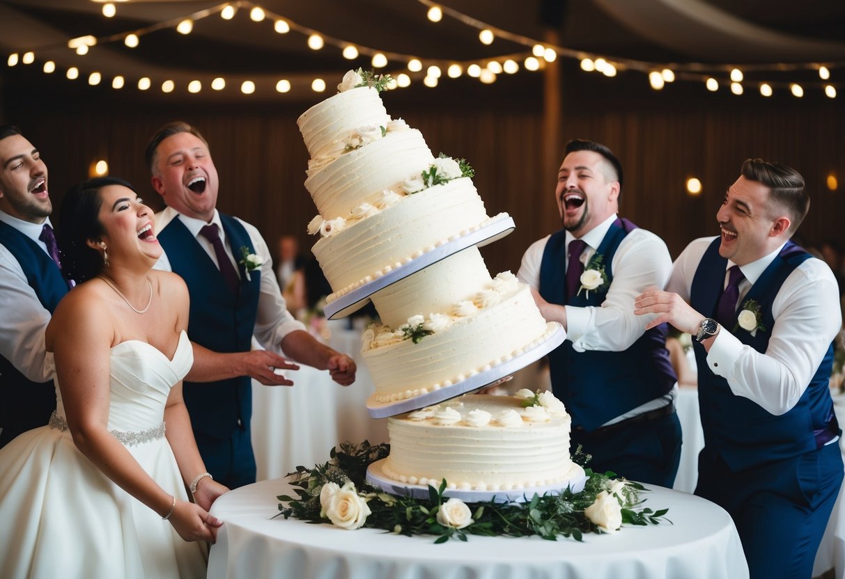 A comical scene of a wedding cake collapsing, with guests laughing and trying to salvage the tiers