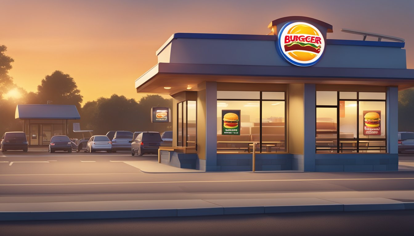 The sun rises over a Burger King restaurant, with a breakfast sandwich displayed on the menu board. The parking lot is empty, indicating the early morning hours