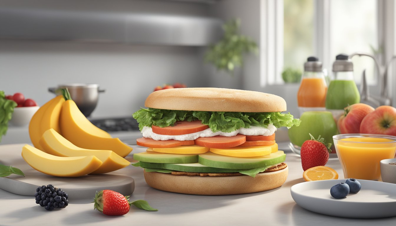 A frozen breakfast sandwich surrounded by a variety of fresh fruits and vegetables on a clean, modern kitchen countertop