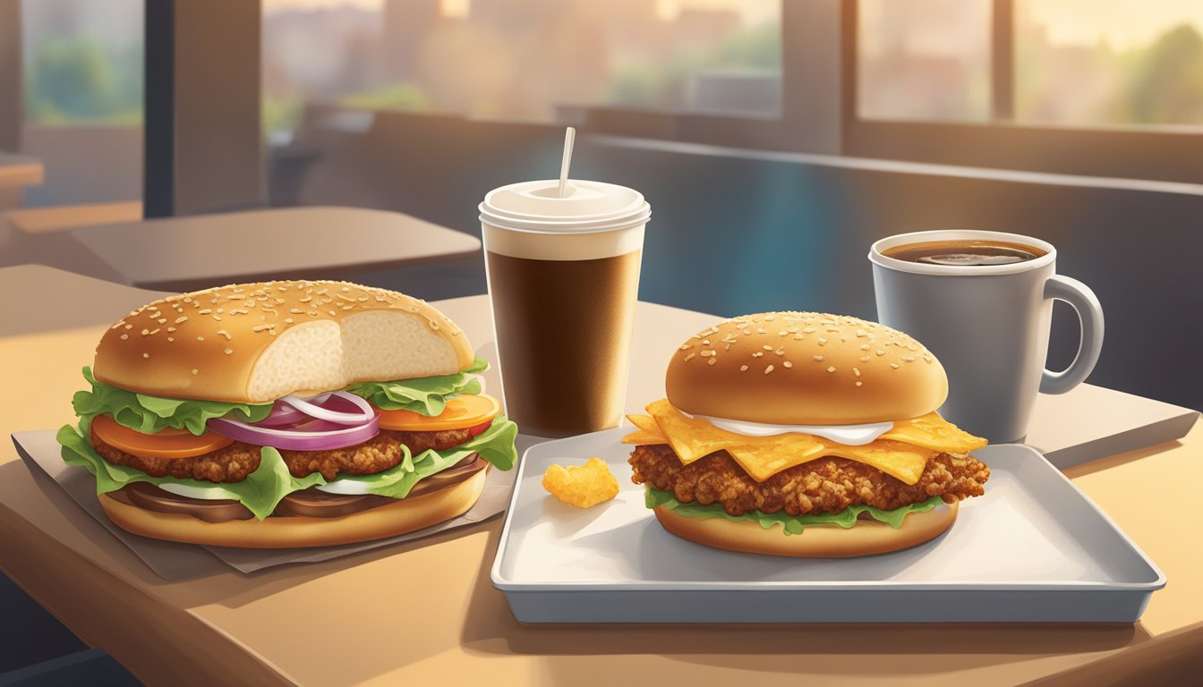 A sunny morning at Burger King, with a breakfast sandwich on a tray, accompanied by a steaming cup of coffee and a side of crispy hash browns