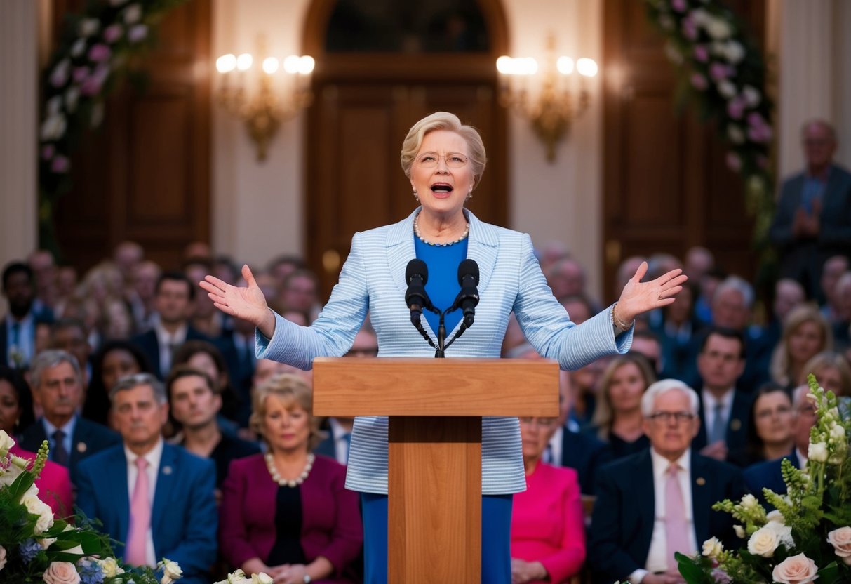 A figure stands at a podium in front of a crowd, speaking with passion and emotion. The setting is elegant and adorned with flowers and decorations