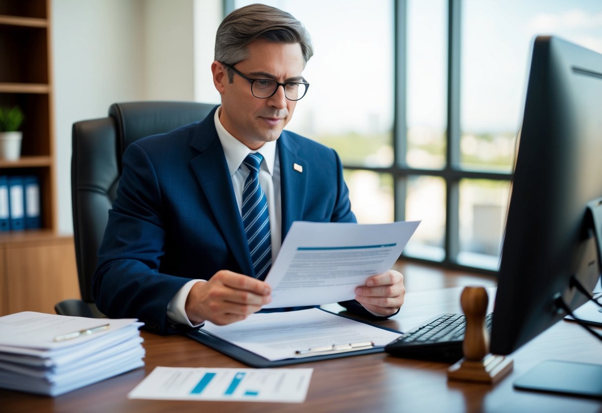 Un fonctionnaire examine des documents pour un contrat de service public, avec une pile de papiers, un ordinateur et un tampon sur le bureau.