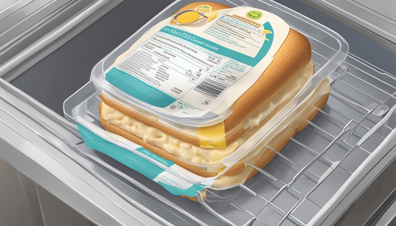 A frozen breakfast sandwich sits on a shelf in a tidy, organized freezer. A label with cooking instructions is visible