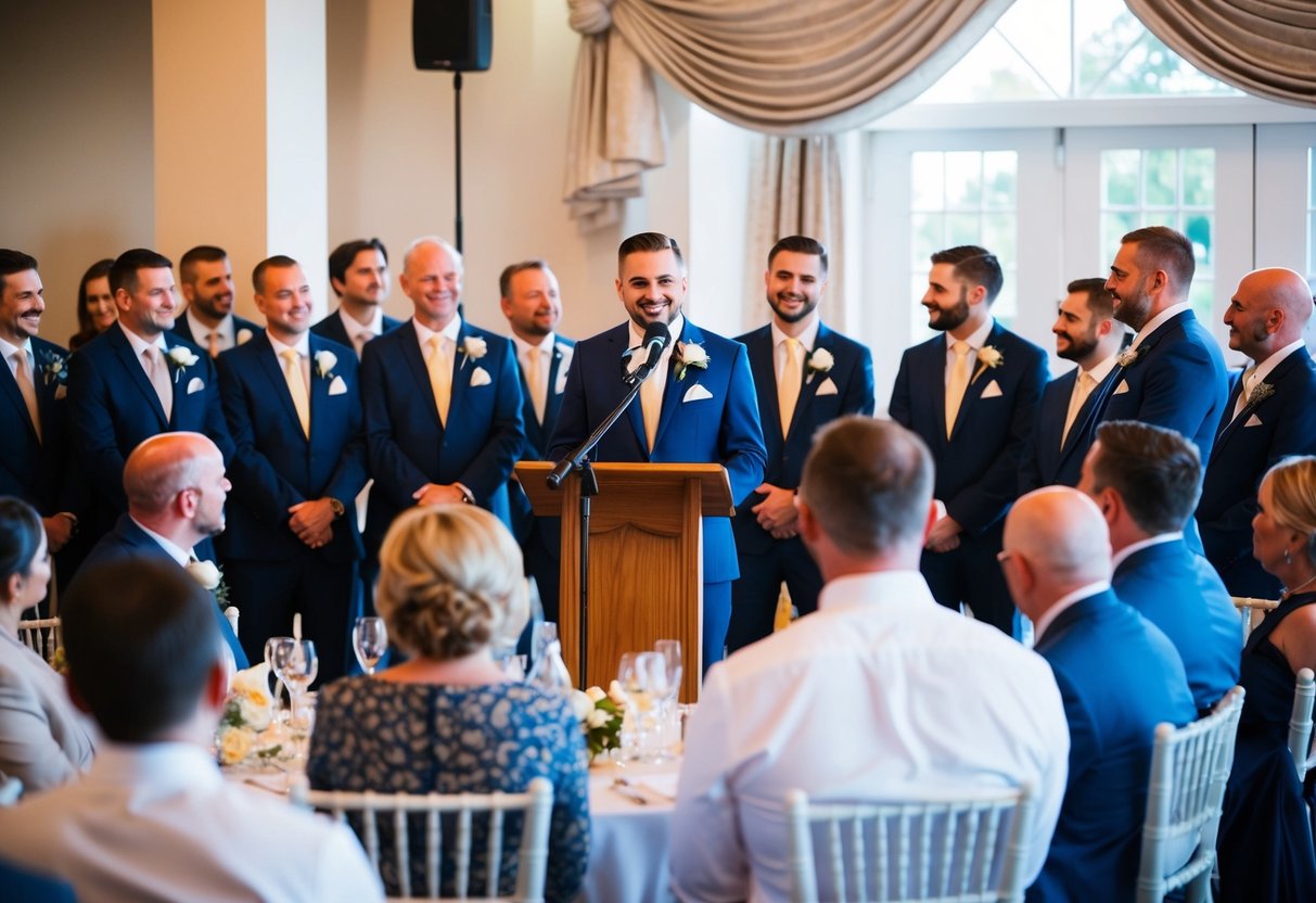 A group of people gathered in a decorated venue, with a microphone and podium set up for a speaker to give a wedding speech