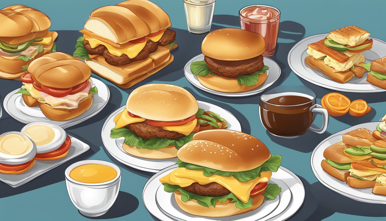 A table set with a variety of breakfast slider sandwiches and accompaniments